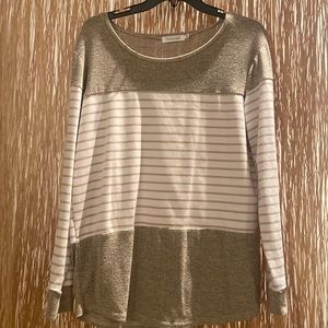 Heather grey and white and gold striped sweater